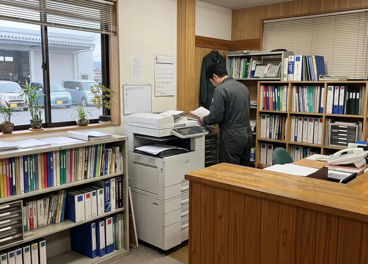 書類棚のある事務所で資料を確かめるスタッフ